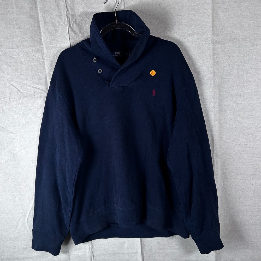 Polo Ralph Lauren Mens XL Navy Blue Shawl Collar Sweatshirt Elbow Patches Cotton